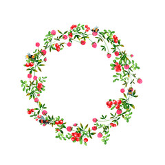 Watercolor round frame with wild flowers and clover, butterflies, bumblebees and dragonflies. Meadow plants. Clip art, design element.