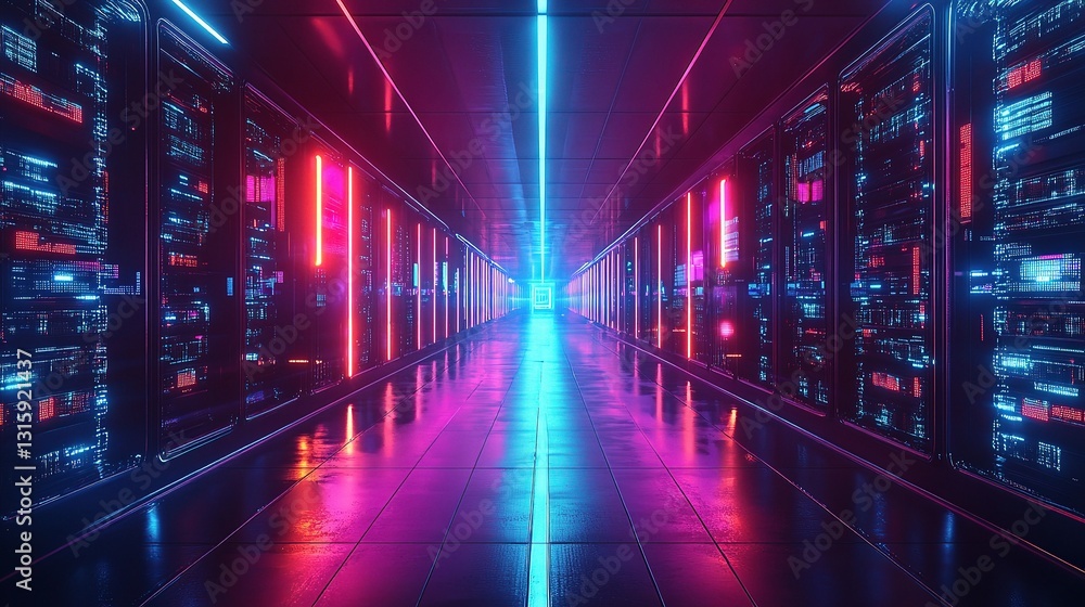 Poster vibrant neon network technology background with big data visualization