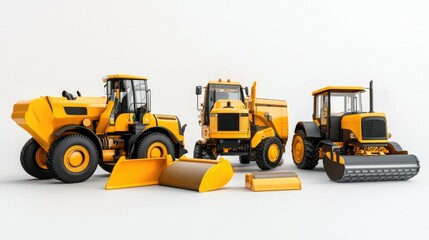 A single, ultra-detailed road construction machinery set with pavers, rollers, and asphalt cutters, on a pure white background, highlighting their rugged design with professional studio lighting