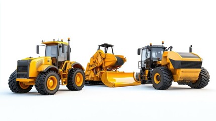 A single, ultra-detailed road construction machinery set with pavers, rollers, and asphalt cutters, on a pure white background, highlighting their rugged design with professional studio lighting