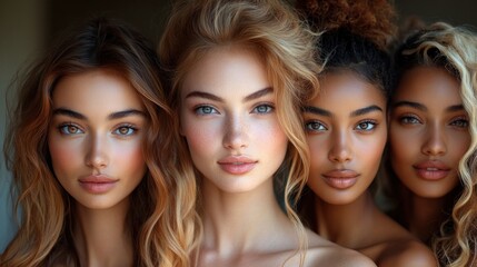 Obraz premium Four diverse women, close-up portrait, natural beauty, diversity concept