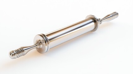 A single, ultra-detailed stainless steel rolling pin and baking tool set, on a pure white background, highlighting its smooth and durable design with professional studio lighting