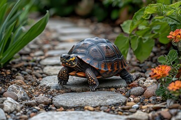 Turtle Slowly Navigating Through a Garden Path