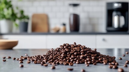 Coffee beans pile kitchen counter food photography modern home close-up freshness and aroma