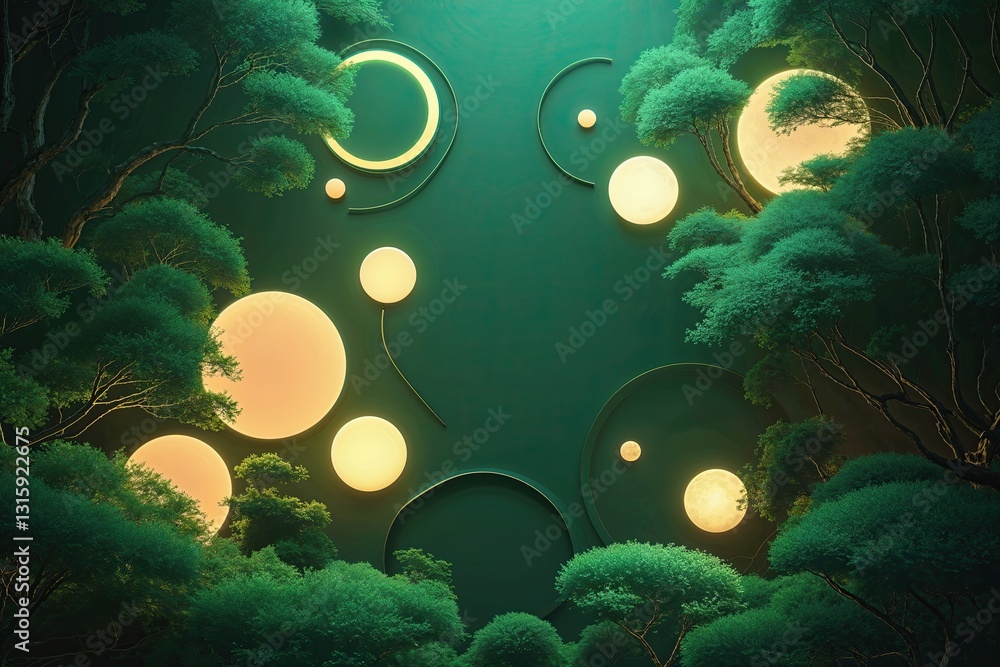 Poster illuminated abstract green background with warm glow and soft circles
