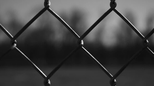 Black and white high contrast slow motion of chain link fence close up with blurred background