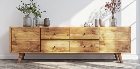 A minimalist living room showcasing beige wooden cabinets, a sideboard, and greenery against a beige wall, leaving space for text
