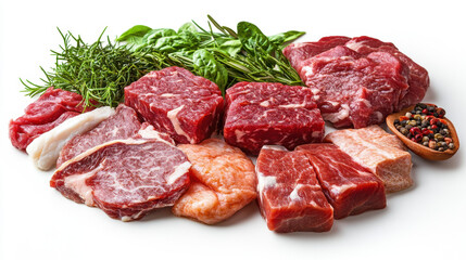 Beautiful presentation of meat and fresh herbs on a white surface captured in realistic detail for culinary inspiration