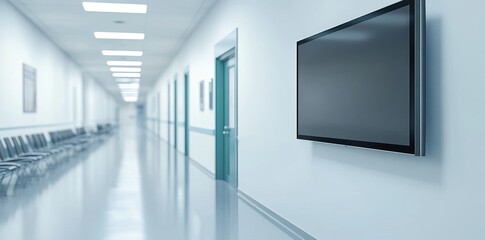 Fototapeta premium In a modern hospital waiting room with comfortable chairs and medical equipment, a mockup of an empty black poster is displayed on the wall. An empty white poster is shown on a white wall in a