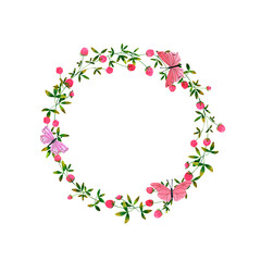 Watercolor wreath on white background. Summer round frame with clover, butterflies, dragonflies and bumblebees. Perfect for postcard, poster, card, invitations, wedding, birthday.