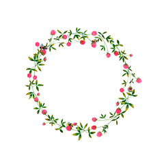 Watercolor wreath on white background. Summer round frame with clover, butterflies, dragonflies and bumblebees. Perfect for postcard, poster, card, invitations, wedding, birthday.