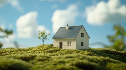 Charming Miniature House on a Green Hill Under a Sunny Sky