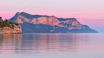 Naklejka premium Serene Coastal Landscape at Sunset with Vibrant Pink Sky and Calm Waters Reflecting Majestic Mountains in Tranquil Seascape