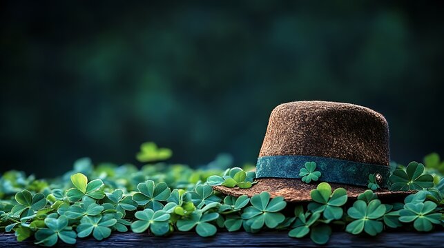 Irish themed festive hat with bright green clover leaves scattered on dark wooden planks