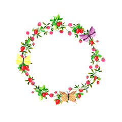 Fresh strawberries and clover flowers background. Set of round frames of watercolor berries and clover, dragonflies, butterflies, bumblebees. Clip art, design element.