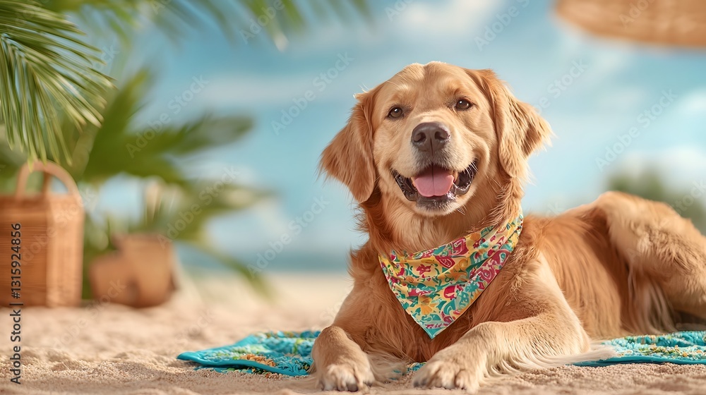 Poster golden retriever dog relaxing and resting on a vibrant colorful beach towel under the shade of a pal