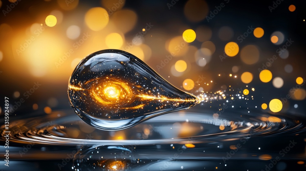 Poster dynamic water droplet creating cosmic ripples surreal photography studio setting abstract environmen