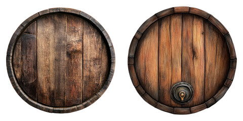 Aged oak barrel tops with rustic texture and metal details