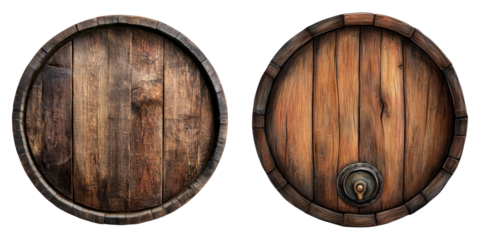Aged oak barrel tops with rustic texture and metal details