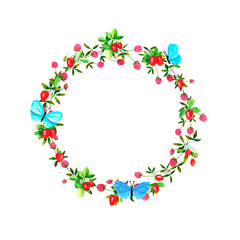 Fresh strawberries and clover flowers background. Set of round frames of watercolor berries and clover, dragonflies, butterflies, bumblebees. Clip art, design element.