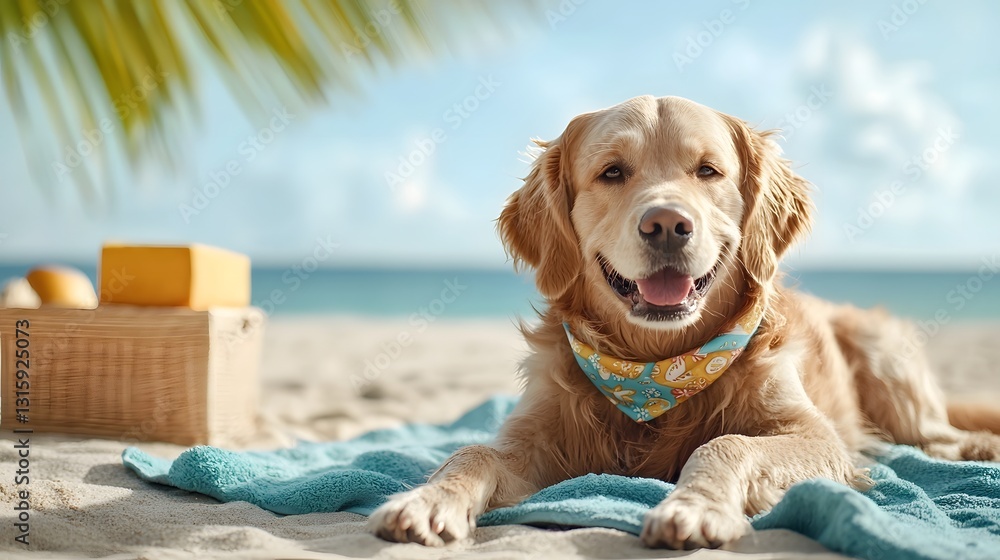 Poster golden retriever dog lying on colorful bandana patterned beach towel in the shade of a palm tree at 
