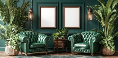 In a modern interior, two blank frames hang on the wall with mock-up movie signs, presenting advertising mockups and digital designs, featuring a "Cinema Now" movie poster in a movie theater