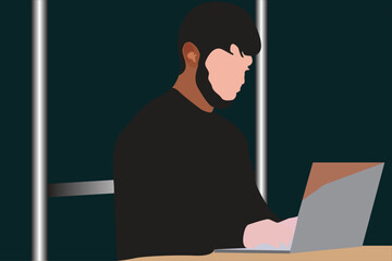 Minimalist man half body faceless working on laptop vector illustration