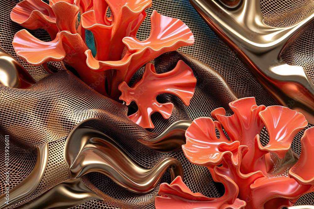 Poster three-dimensional abstract bronze mesh design with bright coral colors and geometric patterns