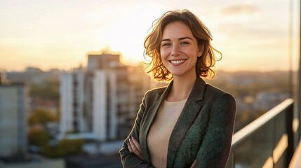 Obraz premium Confident Businesswoman Smiling on Balcony with City View at Sunset
