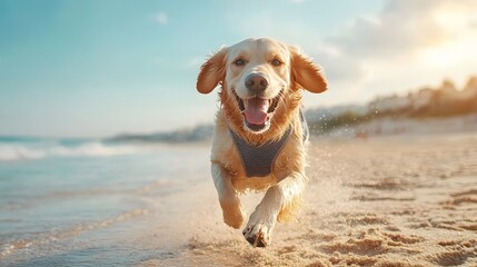 Energetic Golden Retriever Running Playfully on a Bright Sunny Sandy Beach Chasing a with Happiness and Excitement