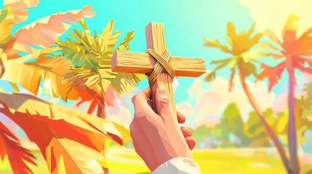a colorful illustration of a hand gently holding a wooden cathlic cross