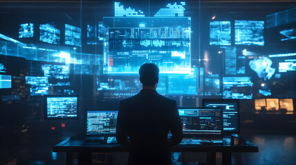 in a digital metaverse office, interacting with floating data screens 