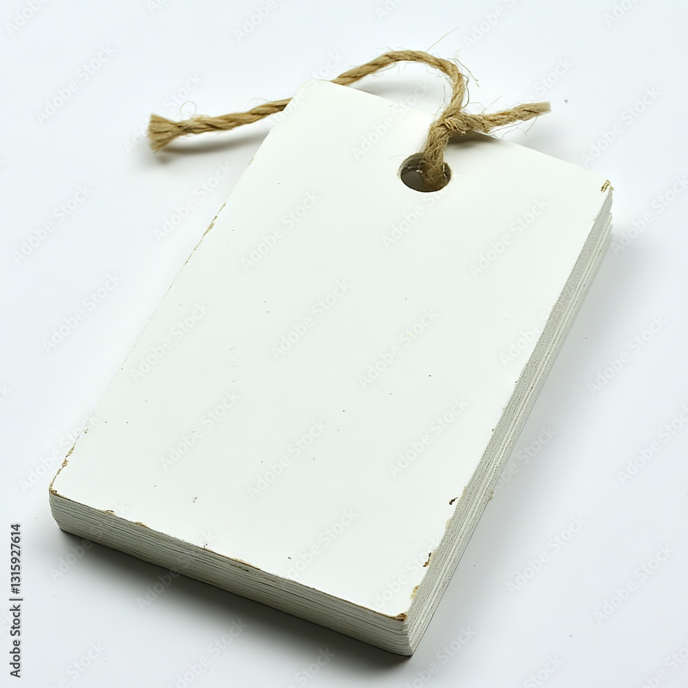 Poster a plain white cardboard tag with a black string, intended for pricing and branding clothes, displaye