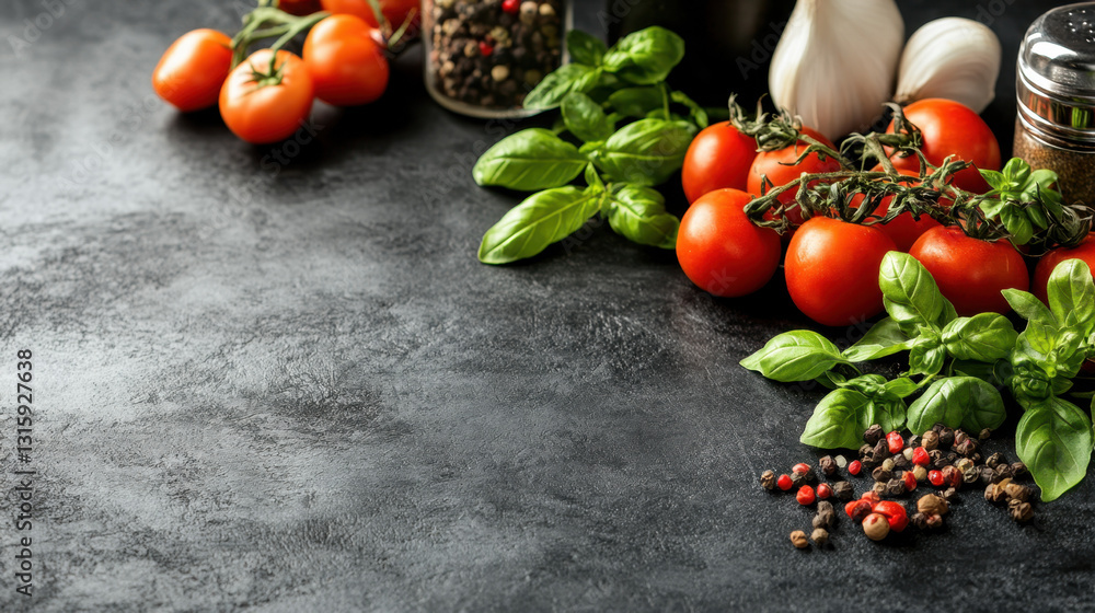 Poster fresh bunch of ripe tomatoes and fragrant basil leaves on a wooden surface with ample copy space for