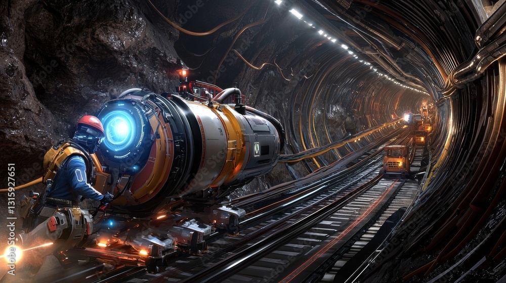 Poster exploration of advanced mining technology in underground tunnel system futuristic sci-fi environment