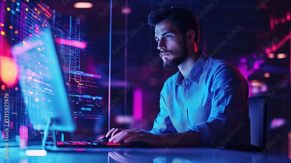 Poster professional man working on computer with abstract digital graphics