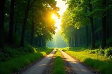 Fototapeta premium Sunlit Path Through Verdant Forest Canopy, A Serene and Peaceful Landscape Image Featuring a Winding Road