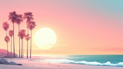 Pink sunset over palm trees on beach. Perfect for travel, vacation, or summer designs.
