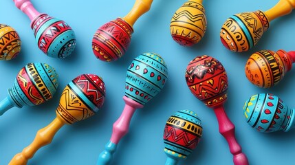 Colorful Hand Painted Wooden Maracas on Blue Background