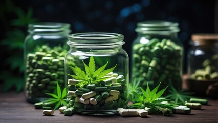 "Variety of cannabis products, including pills and capsules, on a reflective surface. Themes of medicine, wellness, holistic, natural, colorful, organic, with an evening glow."