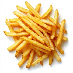 Freshly cooked French fries, set against a white background, perfect for use in culinary and food photography for different projects and advertisements