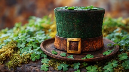 Festive leprechaun hat with tiny green shamrock leaves scattered on rustic wood