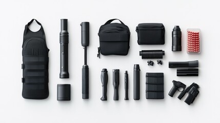 Detailed and sharp security guard safety equipment kit with a flashlight, pepper spray, and body armor on a white background, ready for use in security and law enforcement branding