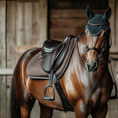 Obraz premium Majestic horse in natural setting highlighting modern racehorse saddle and bridle for equestrian enthusiasts