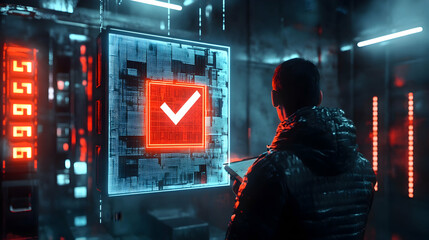 A young man stands before a futuristic screen displaying a glowing checkmark, signifying successful data processing or system verification. The scene is set in a dark, high-tech environment,