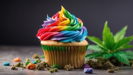 "Vibrant CBD Edible Sweets: Rainbow Icing Cupcake on Dark Textured Background with Scattered Candies and Cannabis Leaves for Indulgent Alternative Wellness Treats."