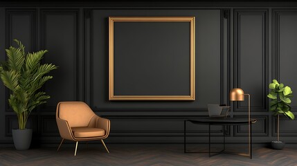 Elegant Gold Frame Mockup: 3D Render of a Dark Interior Setting AI Generated