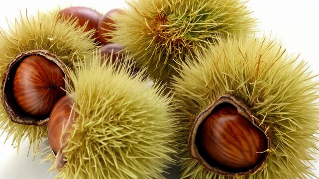 Fresh chestnuts and their prickly shells displayed on a white surface, showcasing seasonal harvest and natural beauty