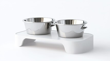 Detailed and sharp stainless steel double pet bowls on a raised platform on a white background, ready for use in pet-friendly home decor and product branding
