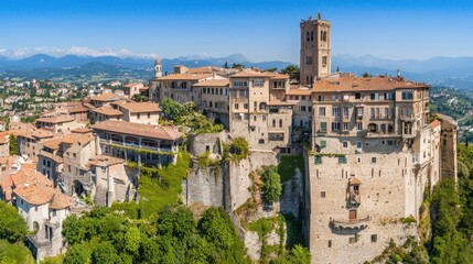 Obraz premium Panoramic View of a Historic Castle Overlooking a Picturesque Village Amidst the Mountains in Italy on a Clear Sunny Day